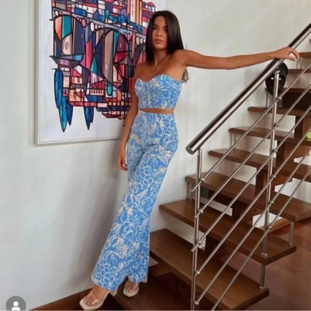 New Zara Full Length Floral Linen Blend High Waisted Blue/White Pants NWT Small
